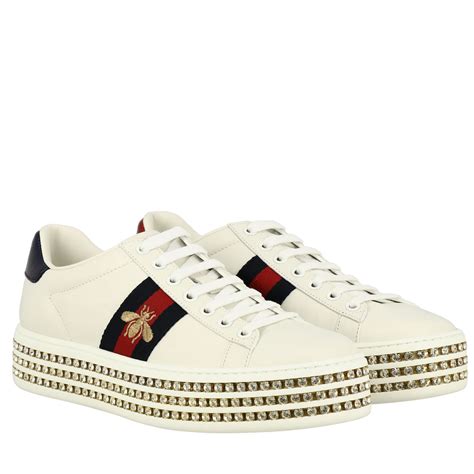 Gucci New Ace Sneakers In Leather With Web Bands And Rhinestone
