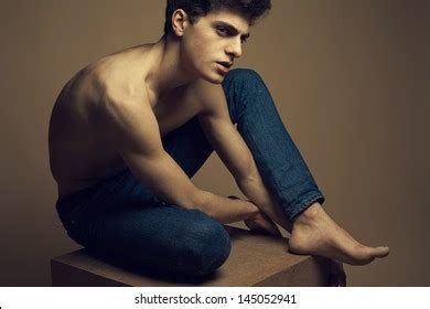 Blue Jeans Concept Handsome Muscular Male Stock Photo 145052941