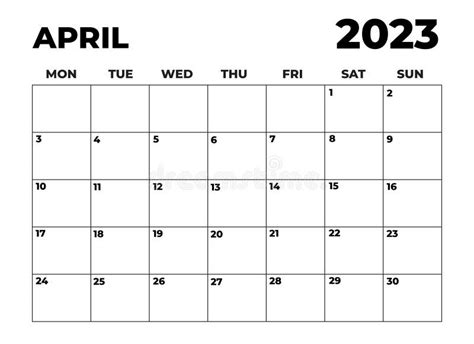 April 2023 Monday Start Landscape Monthly Planner Stock Vector