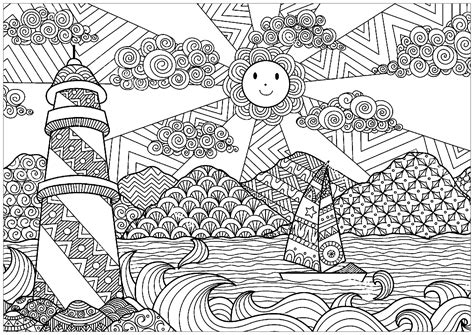 Technique pour dessiner un paysage aux crayons aquarelle | apprendre à dessiner avec dessin création. Paysage marin avec phare et soleil - Paysages - Coloriages ...