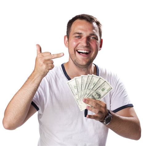 Happy Young Man Holding A Pile Of Cash Stock Image Image Of Pose