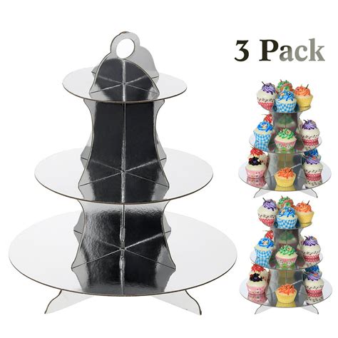 Set Of Three 3 Tiers Silver Cardboard Cupcake Stands Disposable Paper
