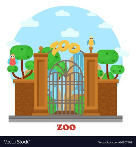 Zoo Entrance With Waterfall And Parrots On Tree Vector Image On