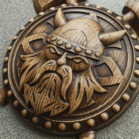 Viking Round Shield With Axes Wood Carving Valhalla Celtic Etsy