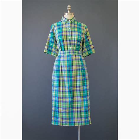 sale madras plaid dress 60s dress two piece by recyclinghistory