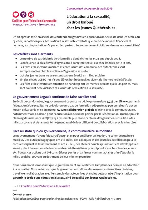 press release l éducation à la sexualité un droit bafoué chez les jeunes québécois·es
