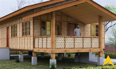 A Man Standing On The Porch Of A Small Wooden House With Windows And