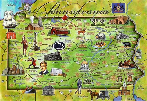 Detailed Tourist Illustrated Map Of Pennsylvania State Pennsylvania