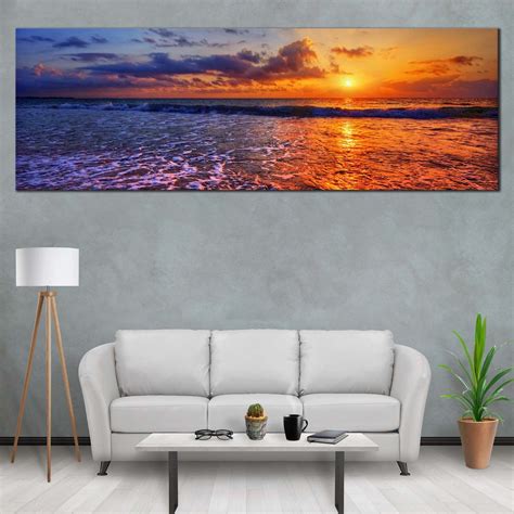 Ocean Beach Canvas Wall Art Cloudy Sunset Sea Canvas Artwork Blue