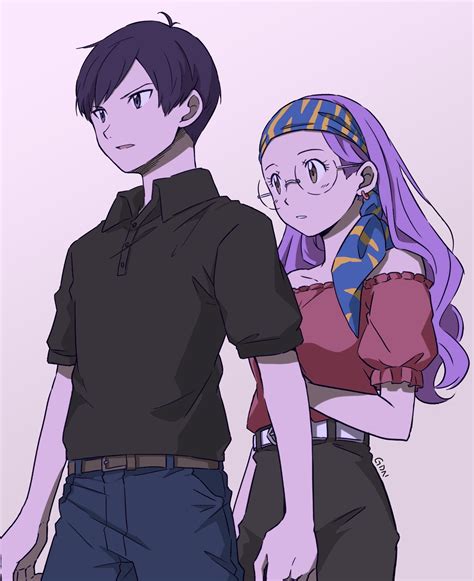 Ichijouji Ken Inoue Miyako Digimon Highres Boy Girl Belt Couple Long Hair Purple Hair