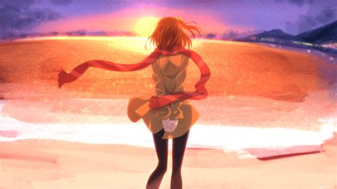 Wallpaper Redhead Sunset Anime Girls Water Shore Short Hair