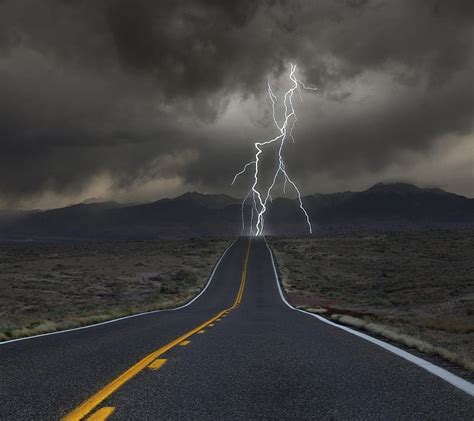 Desert Storm Desert Lightning Road Hd Wallpaper Peakpx