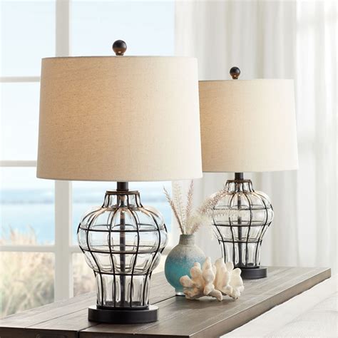 360 Lighting Modern Table Lamps Set Of 2 Dark Bronze Blown Clear Glass Gourd Burlap Fabric Drum