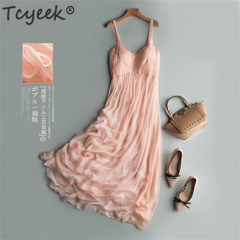 Tcyeek Summer Boho 100 Real Silk Dress Women Maxi Vestidos Korean Long Sexy Strapless Dresses