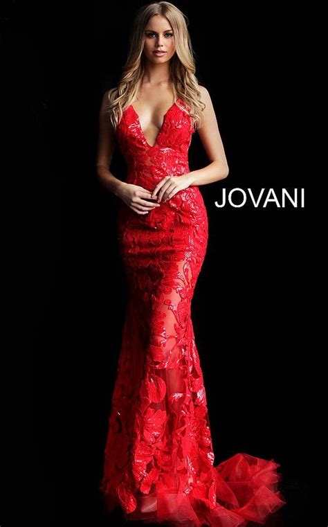 Jovani 60283 Red Sequin Embellished Sheer Plunging Prom Dress Prom