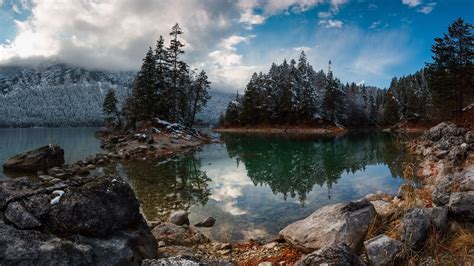 Alps Bavaria Mountain With Fir Trees Reflection On Lake Germany Hd