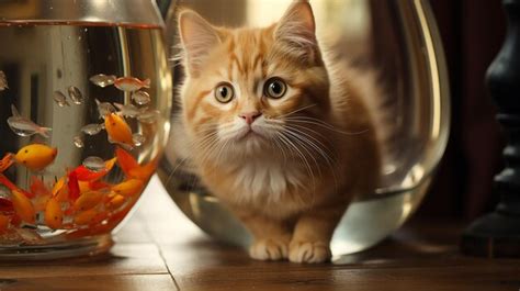 Premium Ai Image Cat Looking In Goldfish Bowl With Goldfish Fishing