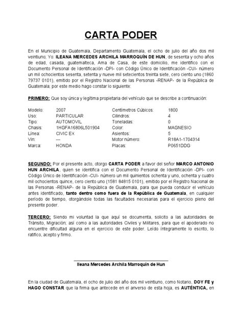Carta Poder Para Vehiculo Pdf Guatemala Vehículos