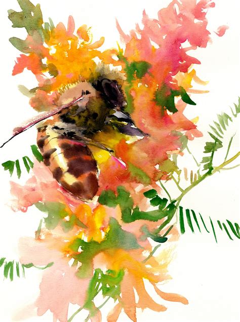 Honey Bee Painting Bee And Peach Colored Abstract Flowers Original