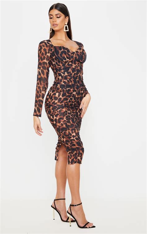 Leopard Print Mesh Ruched Underwire Midi Dress Prettylittlething