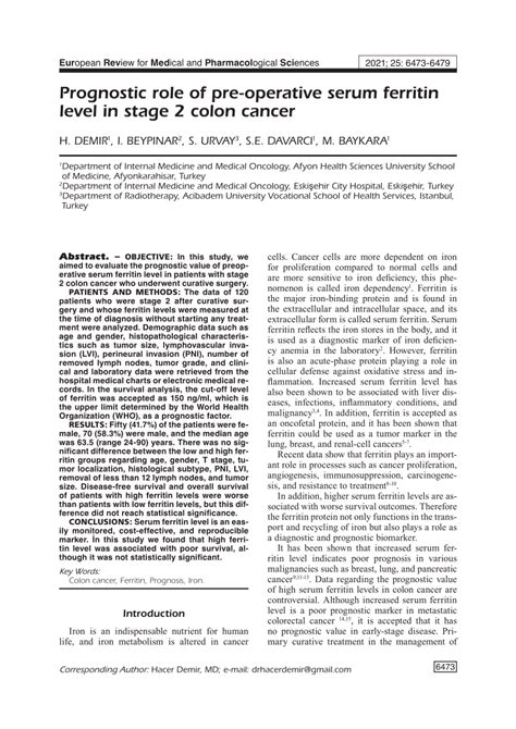 Pdf Prognostic Role Of Pre Operative Serum Ferritin Level In Stage