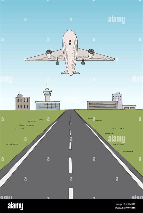 Airport Exterior Plane Take Off Graphic Color Vertical Sketch