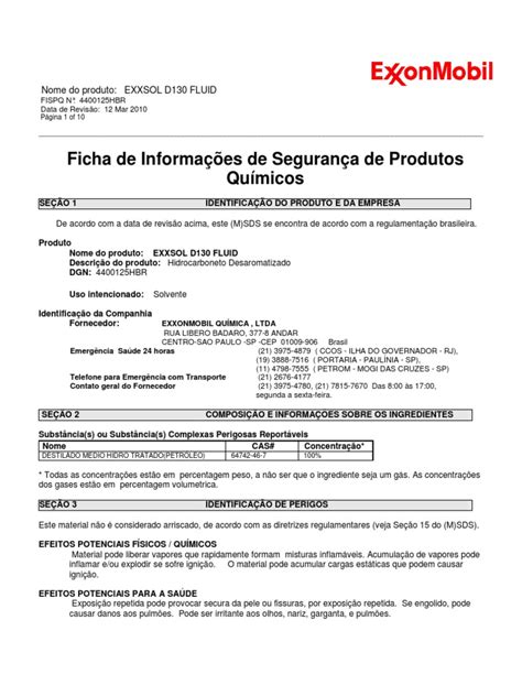 ficha de seguranca exxsol d130 pdf combustão desperdício