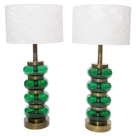 Vintage Paul Hanson Pair Of Glass Brass Mid Century Modern Green Table Lamps Lamp Green Table