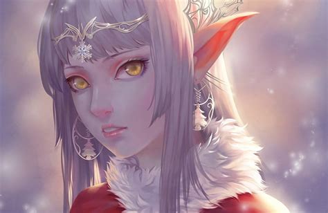 fantasy elf girl yellow eyes pointed ears face white hair earrings elves fantasy elf art