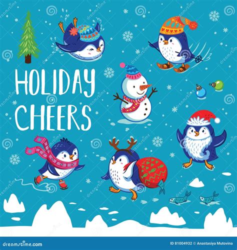 Holidays Card With Cute Cartoon Penguins Stock Vector Illustration Of