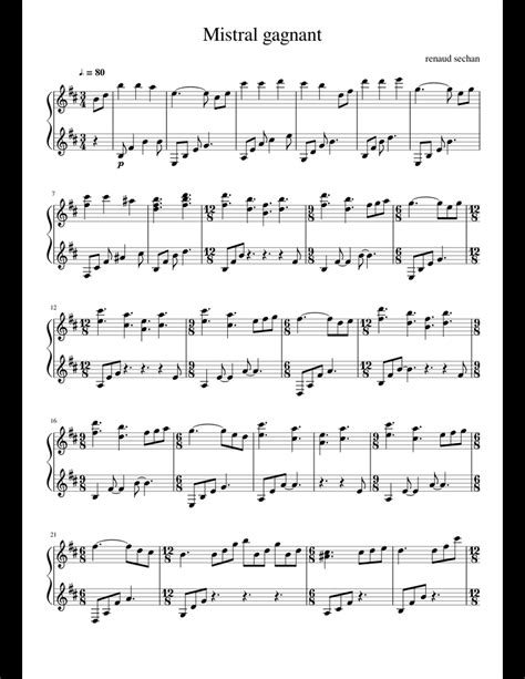 Mistral Gagnant Sheet Music For Piano Download Free In Pdf Or Midi