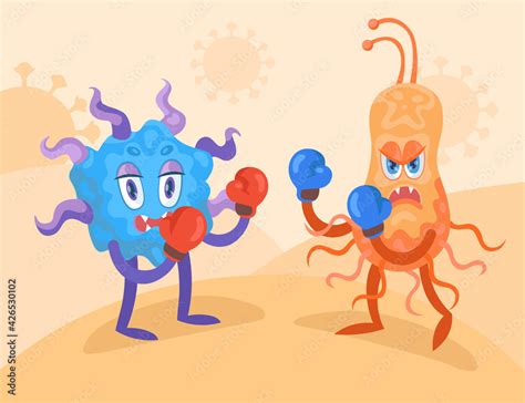 Cartoon Useful Bacteria Fighting Harmful Virus Flat Vector