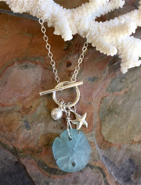 Beach Glass Necklace In Sterling Silver Sea Glass Sand Dollar Lariat Necklace Beach Weddings