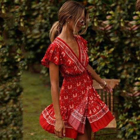 Jastie Red Multi Print Mini Dress Summer Boho V Neck Wrap Dresses