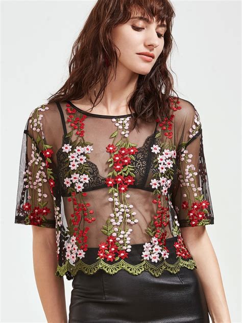 Lace Trim Blossom Embroidered Mesh Top Shein Sheinside