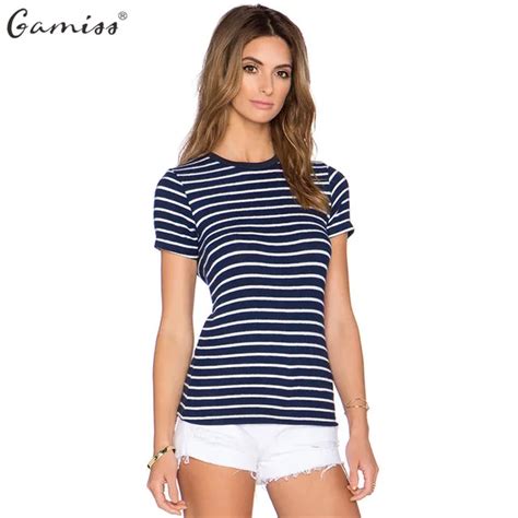 Gamiss Brand Blue And White Striped T Shirt Women Round Neck Short Sleeve Striped Tops Slim
