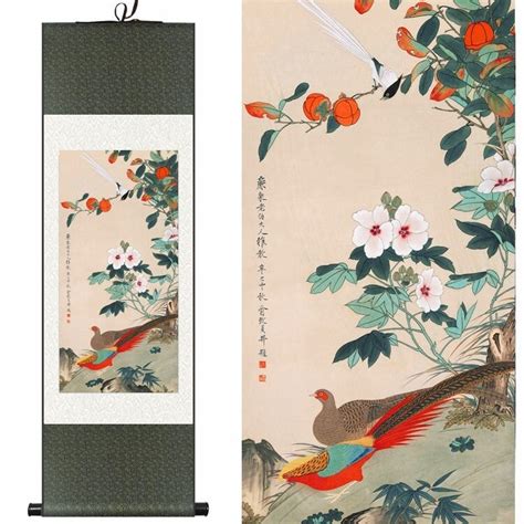 Chinese Silk Watercolor Flower Bird Persimmon Azalea Ink Art Print Feng