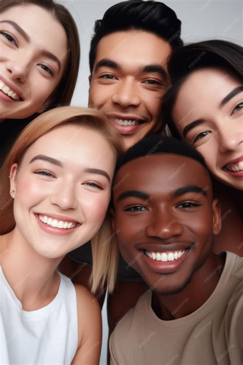 Premium Ai Image Cropped Shot Of A Diverse Group Of Friends Taking Selfies Together Against A