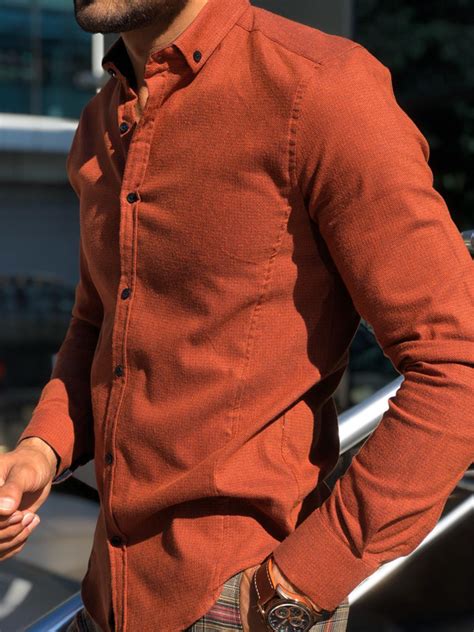 Buy Orange Slim Fit Button Collar Shirt By Free Shipping