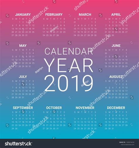 Year 2019 Calendar Vector Design Template Stock Vector Royalty Free
