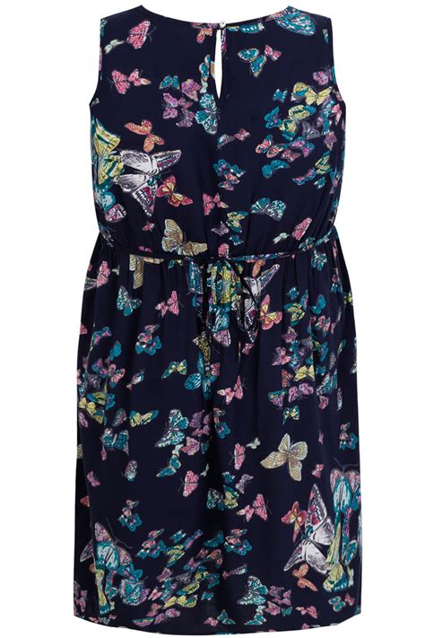 Navy Butterfly Print Sleeveless Dress With Pockets Plus Size 14 To 32