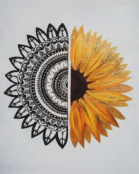 Half Sunflower Half Mandala Painting Sunflower Mandala Mandala Art