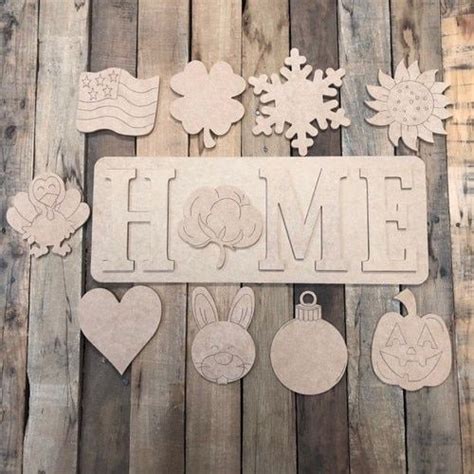 Home Plaque Set Wood Cutout Unfinished Shape Paint By Line In 2020