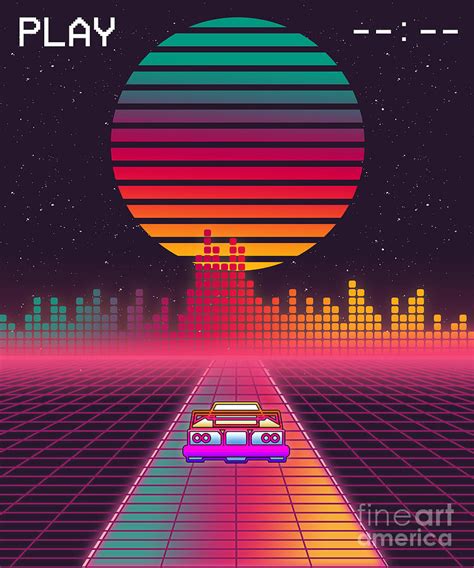 Retro 80s Cyberpunk Synthwave Sunset Fast Car In Outrun Grid Design