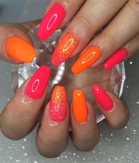 Neon Pink And Orange Nails Orange Nail Designs Neon Orange Nails Bright Orange Nails