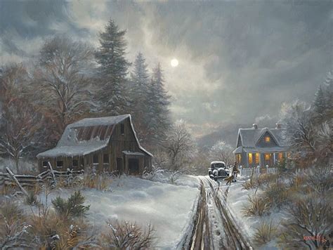 A Painting Of A Snowy Country Scene With A Train Track And Cabin In The