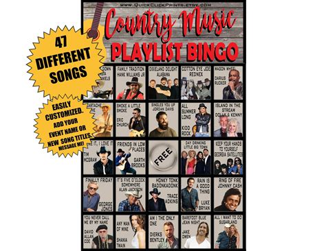 Country Music Playlist Bingo - 30 Cards - Playlist Bingo- Music Bingo