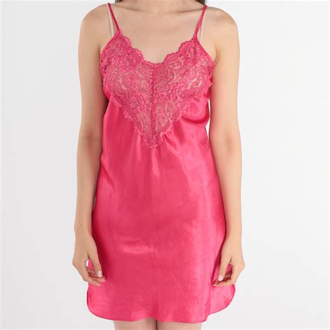 pink satin slip dress 90s lingerie mini dress retro sheer lace nightgown bright low back