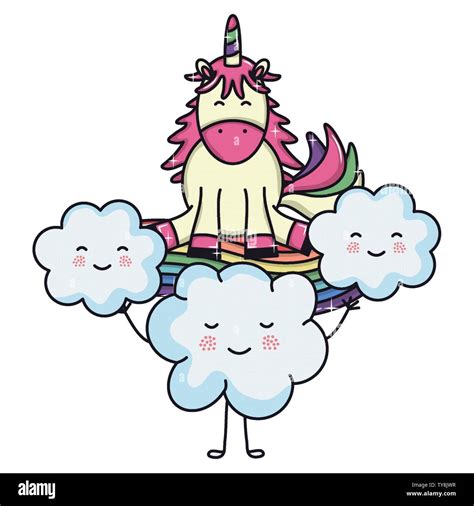 Cute Adorable Unicorn And Clouds Kawaii Fairy Characters Vector