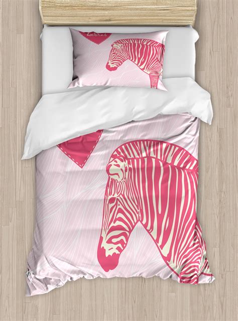 Pink Zebra Twin Size Duvet Cover Set I Love Zebras In Heart Romantic Wilderness Nature Savannah